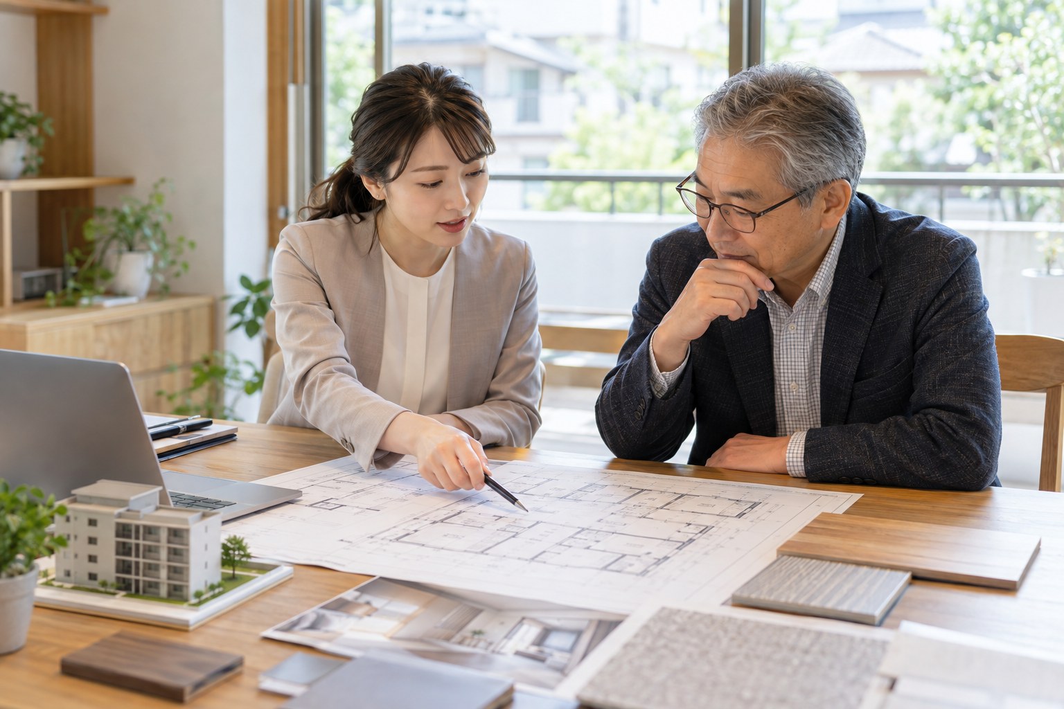 図面を見ながら相談する様子のイメージ