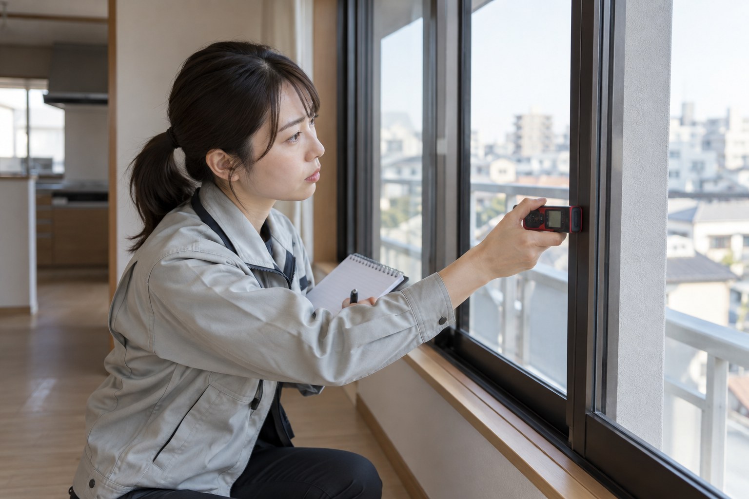 現地で窓の条件を確認するイメージ